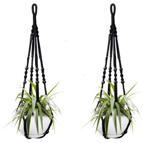 QORVA-Deux paniers suspendus en corde de coton noir pour plantes d'intérieur, de 98 cm chacun, ornés de perles en bois. Crochets non inclus.