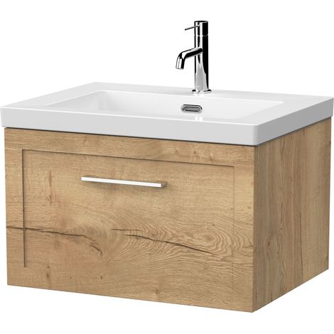 Stonnall Traditional Wall Hung 1 Drawer Vanity Unit with 1 Tap Hole Fireclay Basin, 600mm, Autumn Oak