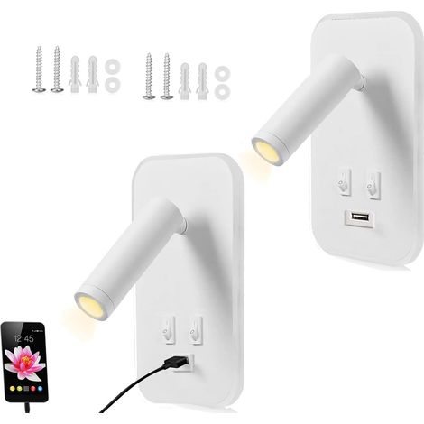 Liseuse de Chevet. 2PCS Applique Murale LED avec Interrupteur et Port de Charge USB. 3W Fixation Murale Spot Rotatif. Lumières Mural Lit Noir Lampe Murale Couloir Hotel (1/5)