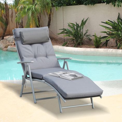 Chaise longue pliable de jardin avec coussin de tête et assise, dossier réglable sur 7 positions, transat de relaxation pour extérieur, charge max 165 kg, gris, idéale vacances et terrasse. (1/5)