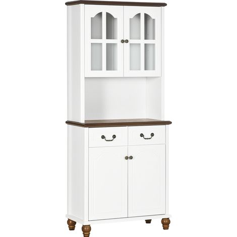 Mueble de cocina alto con 2 cajones, vitrina con puerta de cristal, MDF blanco, 76 x 38 x 182 cm (1/5)