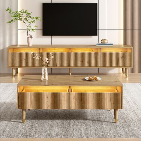 Wohnzimmerset, TV-Schrank und Couchtisch, 110x50x40 cm und 178x35x45 cm, LED-Beleuchtung, MDF, Holzfarbe (1/5)