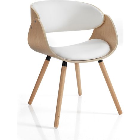 Silla de diseño en madera maciza de roble y cuero blanco Michigan Wood (1/4)