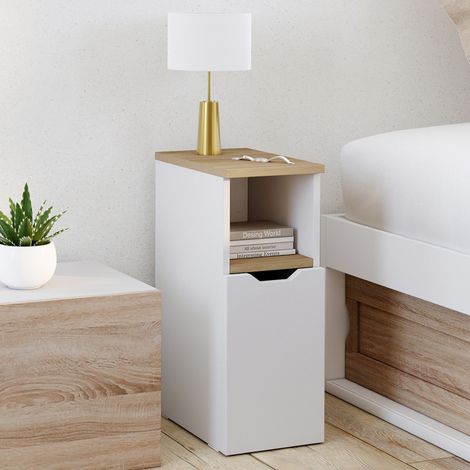 Lote de 2 mesillas de noche ANOUK, 1 puerta y 1 nicho, blanco y madera (1/5)