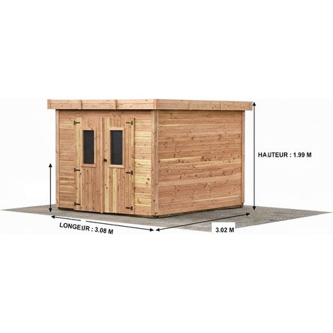HABRITA Abri de jardin bois massif 7,53 m² - madriers 28 mm - toit plat polycarbonate - double porte vitrée