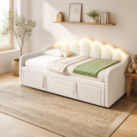 Cama nido extensible de terciopelo beige con LED RGB, sofá cama convertible 90x200 cm y cama doble 180x200 cm, sin colchón, respaldo ondulado - CHICFURN (1/5)