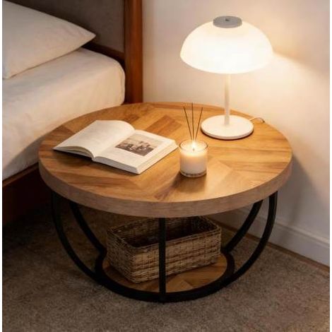 Tavolino rotondo 80,5 cm a 2 livelli in legno e metallo naturale DESVIAE (1/5)