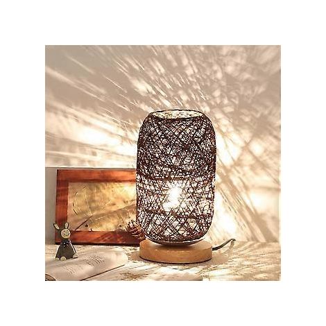Nachttischlampe mit Rattankabel und Holzgestell, braun