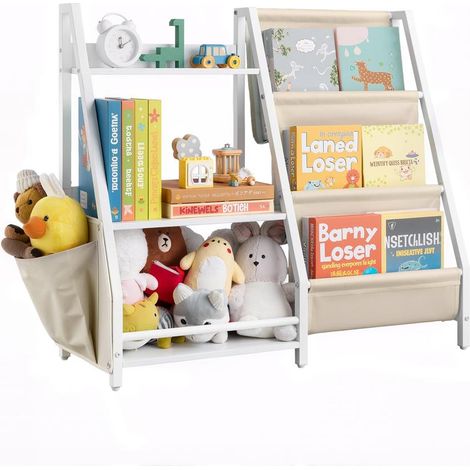 3 niveaux et 7 compartiments, meuble de rangement enfant avec porte-livres et sac, pour chambre et salle de jeux (1/5)