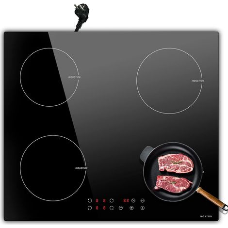 NOXTON Plaque Induction 4 Feux Encastrable, Plaque Electrique avec VDE Fiche, Table de Cuisson Induction avec Commande Tactile, Sécurité Enfant, Minuterie, Plaque de Cuisson Electrique 3500W