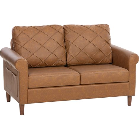 Sofá de 2 plazas de PU con patas de madera y respaldo cosido, sofá moderno para sala de estar/dormitorio, marrón. (1/5)
