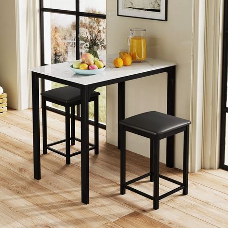 Counter-height Dining Table Set 3-Piece Bar Table Set w/1 Table & 2 Upholstered Bar Stools White (1/5)