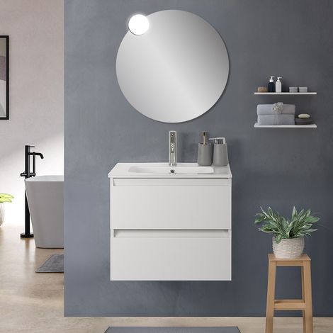 Mobile bagno sospeso 60cm in legno bianco lucido 2 cassettoni con lavabo Leda