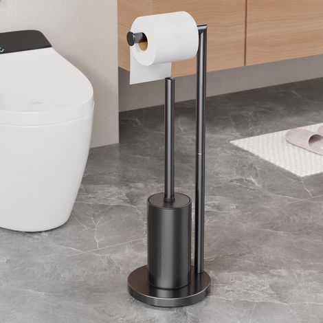 Support Papier WC + Brosse Métal Noir Mat Sol Stable 2-en-1 Design Moderne Salle de Bain Sans Perçage (1/5)