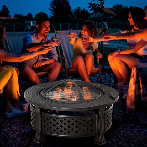Brasero avec tisonnier, pare-étincelles, panier à feu, table de feu ronde, foyer pour jardin, camping, barbecue, acier, noir, 81 x 81 x 50 cm (1/5)