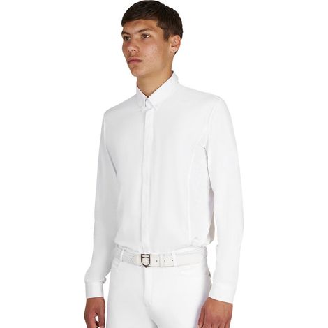 S, Bianco: Polo uomo da concorso a manica lunga simil camicia in tessuto tecnico (1/5)