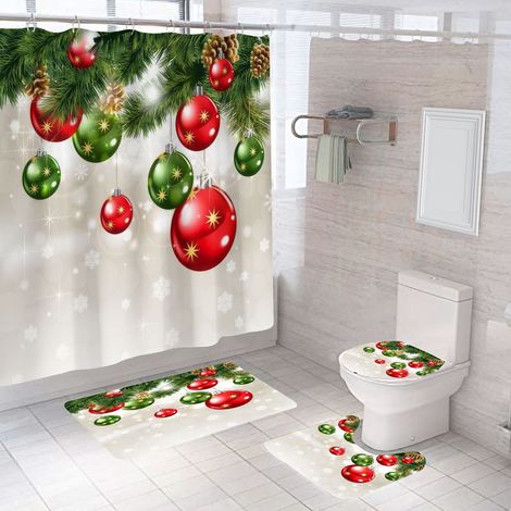juego: cortina de ducha, alfombrilla de baño, funda para tanque, alfombrilla en forma de U, poliéster impermeable, decoración navideña, baño (1/5)