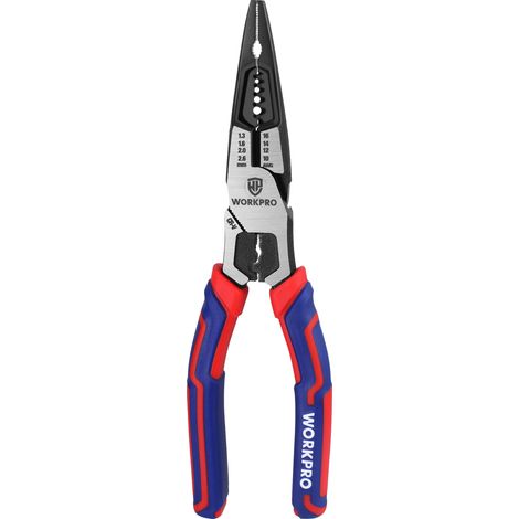 Workpro – Pince multiprise à bec long – Acier Cr-V – Plage de dénudage 1,3-2,6 mm – Diamètre de coupe 1,6 mm – Poignée ergonomique antidérapante