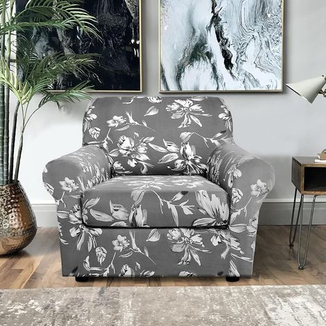 Washable printed stretch sofa cover in spandex for 1/2/3 seater sofas with anti-slip strap for living room and bedroom (grey, 1 seater) (1/5)