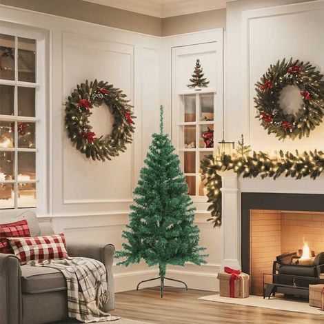 Sapin de Noël Arbre de Noël artificiel moitié avec support vert 150 cm PVC (1/5)