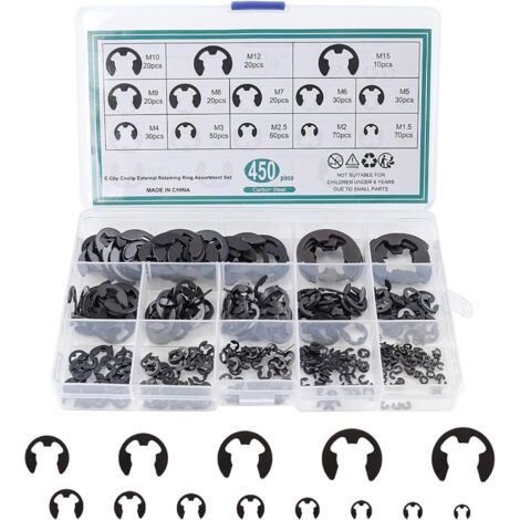 450 Pièces Circlips Assortiment, Circlips E-clips, Anneau de E-clips Circlip Externe en Acier à Ressort pour Fixer Poulies à Engrenages de Roulement(13 Tailles) (1/5)