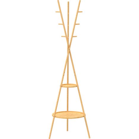 Appendiabiti 58,5x58,5x176 cm con 9 Ganci e 2 Ripiani in Bambù e MDF Naturale (1/5)