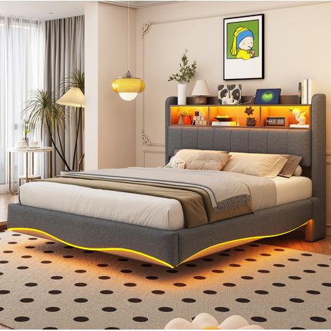 Lit rembourré suspendu 140x200 cm gris, tissu effet lin, tête de lit avec LED, USB et Type-C (1/5)