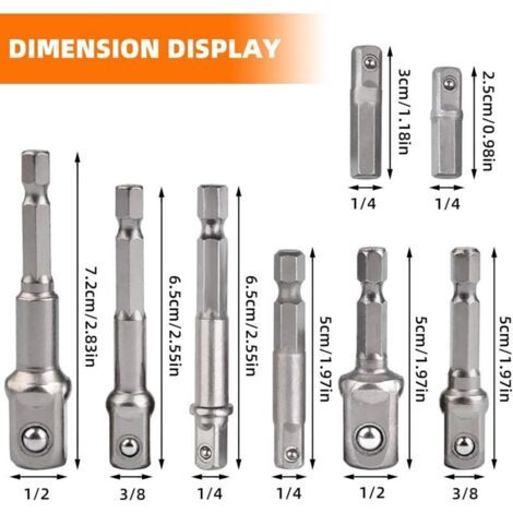 Un ensemble de 8 adaptateurs à douille hexagonale, disponibles en tailles 1/4 pouce à 1/4 pouce, 3/8 pouce et 1/2 pouce, adaptés aux porte-embouts de perceuse/visseuse sans fil. (1/3)