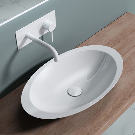 doporro® Lavabo sobre encimera 59,3x35,1x10,7cm diseño Colossum802 blanco para mueble o tocador, fabricado de mármol fundido (1/5)