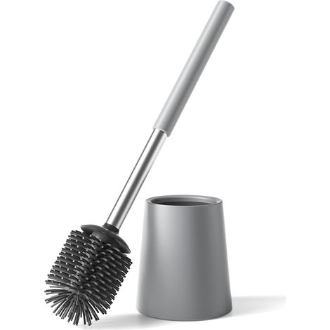 1 - Brosse WC - Acier Inoxydable - Tête Silicone Remplaçable - Nettoyage 360 Degrés Antibactérien - Pour Maison Hôtel Bureau - Gris - 40x10cm