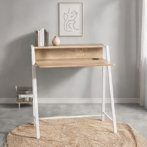 Bureau d'ordinateur blanc et bois avec étagère et passe-câbles (1/5)