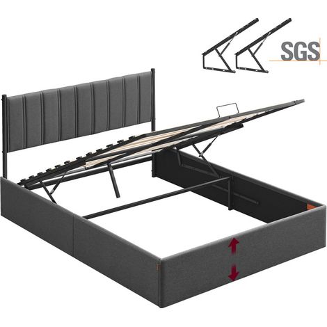Vasagle – Cadre de lit 160 x 200 cm – Sommier relevable avec rangement – Tête de lit en tissu – Système hydraulique – Montage facile – Gris foncé (1/5)