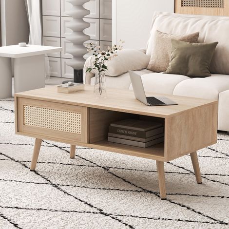 Table basse en osier, table à thé avec portes coulissantes, pieds en bois massif, table de salon moderne, couleur naturelle - H40/L1050/P55 cm