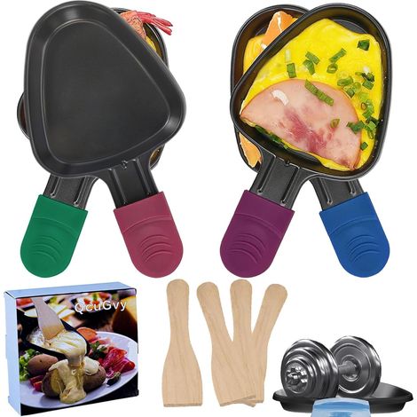 4-teiliges Set: Dreieckige Raclettepfanne (18 x 10 cm) mit Antihaftbeschichtung, Mini-Raclettepfanne aus verstärktem Material und 4 natürliche Holzlöffel für geschmolzenes Käseomelett (1/5)