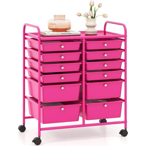 GOPLUS Chariot de Rangement 12 Tiroirs, Tour de Rangement à roulettes, Cadre en Acier, pour Chambre, Bureau, 64 x 38 x 75 CM (Rose) (Rose) (1/5)