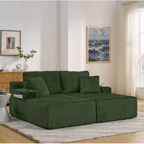 Divano letto relax a 2 posti in tessuto a coste verde con tasca laterale e portabicchieri (1/5)