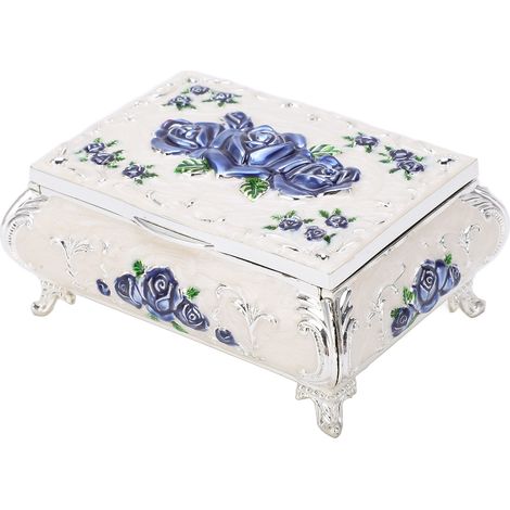 Boîte à bijoux vintage sécurisée en alliage zinc, décor fleurs roses en relief, finition glossy brillante, couleurs vives argent, blanc, bleu, intérieur velours doux, taille compacte. (1/5)