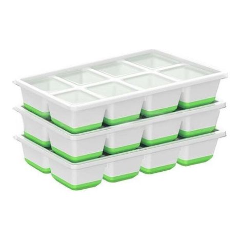 Bandejas para cubitos de hielo con tapa - Paquete de 3 - Sin BPA - Apilables - 21,1 x 10,9 x 4,4 cm - Verde (1/5)