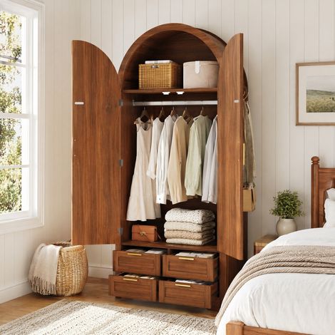 Armoire 80x50x179 cm, portes courbées, tringle et 4 tiroirs, noyer, MDF et rotin, FloraGrace (1/5)