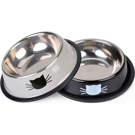 royaluxe - Gamelle Chat, 2 Pièces Bol Chat pour Animaux De Compagnie Bol à Eau en Acier Inoxydable Gamelle pour Chats avec Antidérapant noir et blanc cassé 15.23.5cm, (1/5)