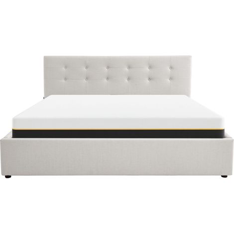 Ensemble Lit coffre adulte 180x200cm avec tête de lit en tissu beige - Tina + Matelas mémoire de forme - Dual Confort (1/5)