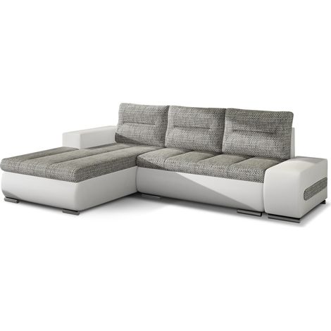 Canapé convertible angle gauche tissu gris clair chiné et simili blanc Waker 275cm (1/5)
