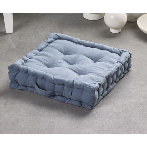 Coussin de sol carré en coton "Essential" - Bleu denim - 40 x 40 x H 10 cm - Livraison gratuite (1/4)