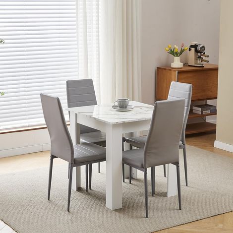 75x75cm Square Dining Table and Chairs Set, Small Dining Room Set High Gloss Dining Table with Chairs Home Furniture (Grey Faux Leather, Marble-White Table with 4 Chairs) (1/5)