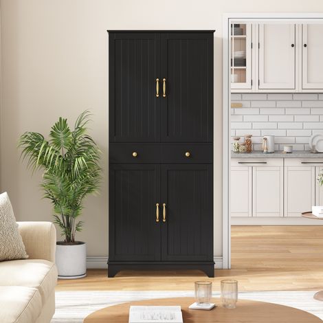 Hochschrank 77x40x181 cm schwarz MDF mit verstellbaren Böden, 2 Schubladen und ausziehbarem Regalboden (1/5)