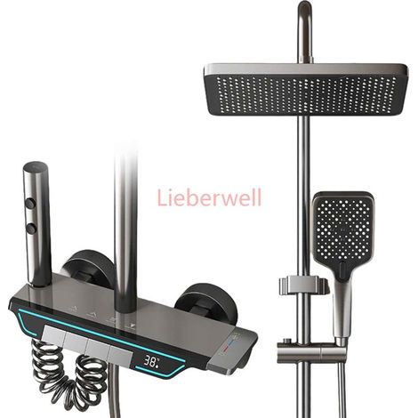 4-Jet Shower Avehrit Anthracite Grey Thermostatic Shower Set with Digital Display, Head, 3-Function Buttons, Adjustable Shower Bar, Stainless Steel (1/5)
