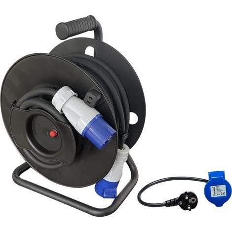 Pack Enrouleur de câble électrique Camping 3600W 25M P17 + Adaptateur Femelle P17 - 230V CEE 150cm pour Camping-Car