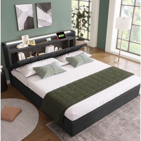 Lit coffre 140x200 cm en tissu gris avec LED, USB et tête de lit rangement (1/5)