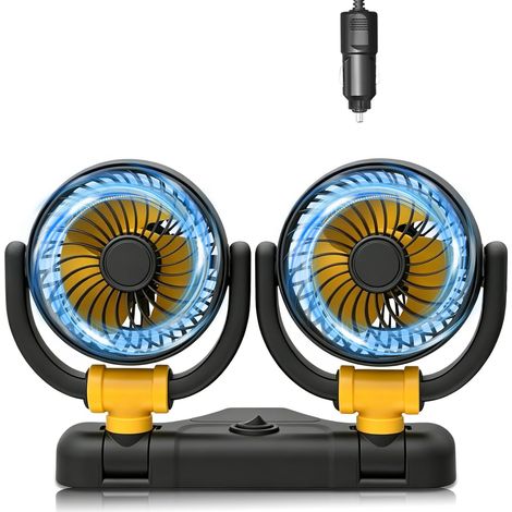 Ventilateur de voiture 12 V - Rotation à 360° - Double tête - 2 vitesses - Silencieux - Pour camion, van, SUV, camping-car - Avec allume-cigare