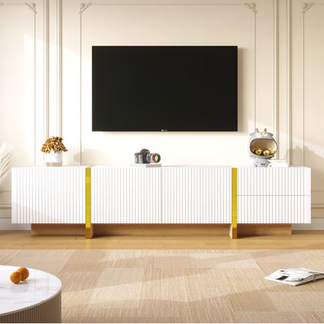 Meuble TV MDF et panneaux de particules blanc, or et effet bois 190,0 x 35,0 x 45,0 cm, 3 portes, 2 tiroirs (1/5)